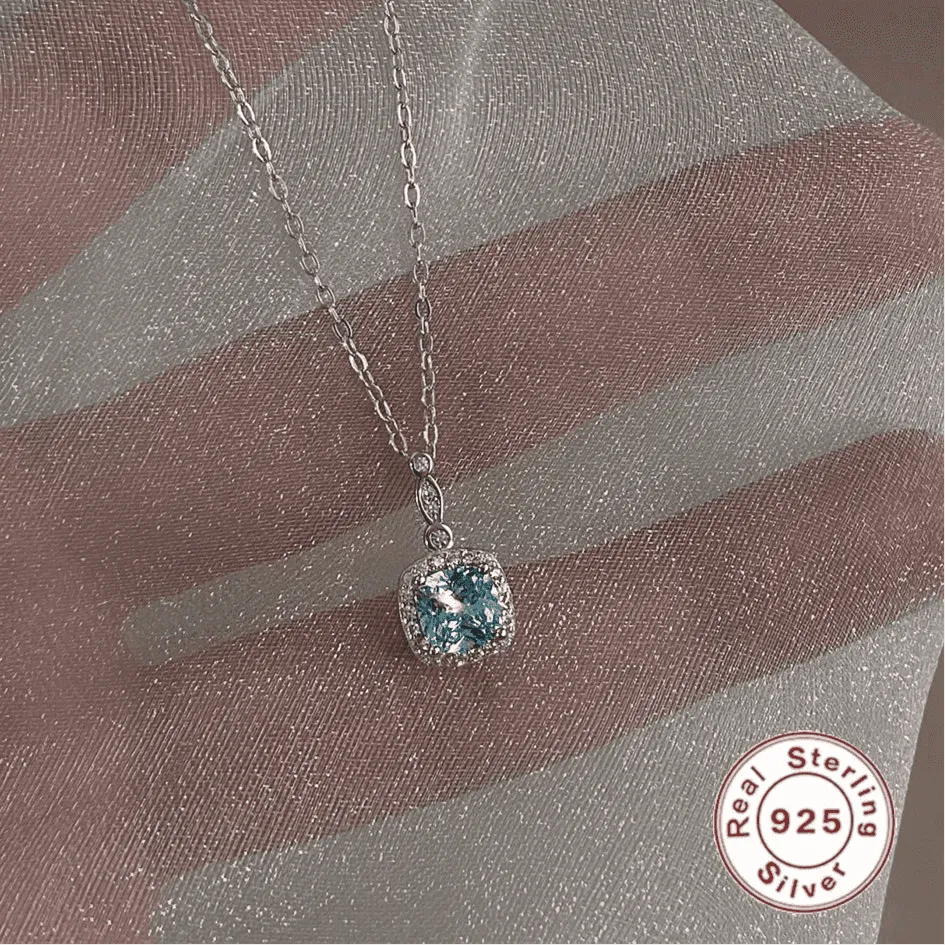 925 Sterling Silver Necklace Charm Jewelry - Mint Mambo Square Zircon - Xm384-N