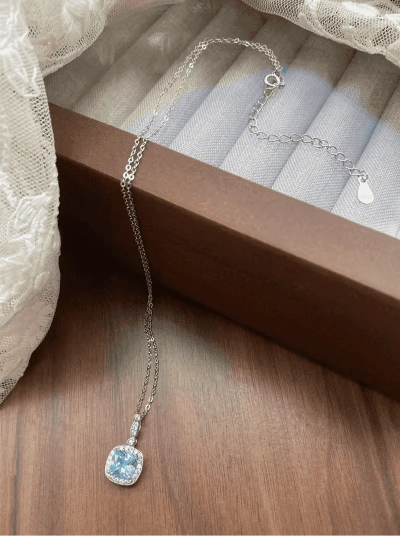 925 Sterling Silver Necklace Charm Jewelry - Mint Mambo Square Zircon - Xm384-N