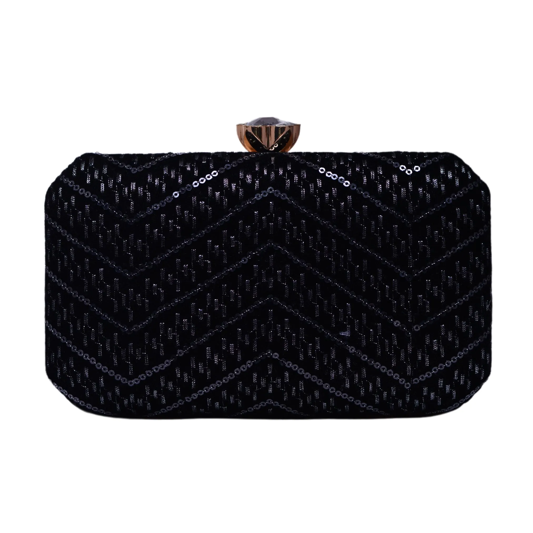 Black Zigzag Sequins Embroidery Fabric Clutch