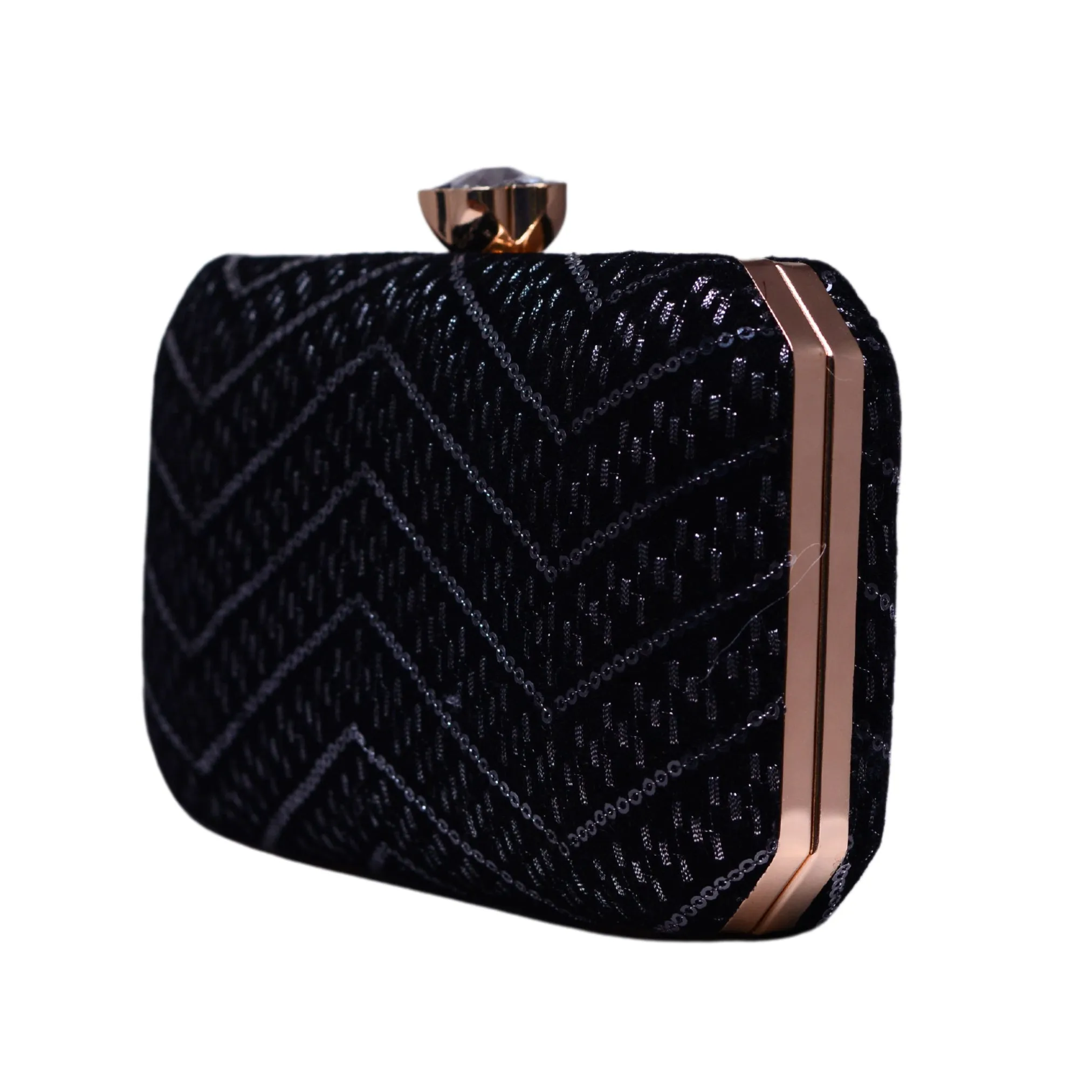 Black Zigzag Sequins Embroidery Fabric Clutch