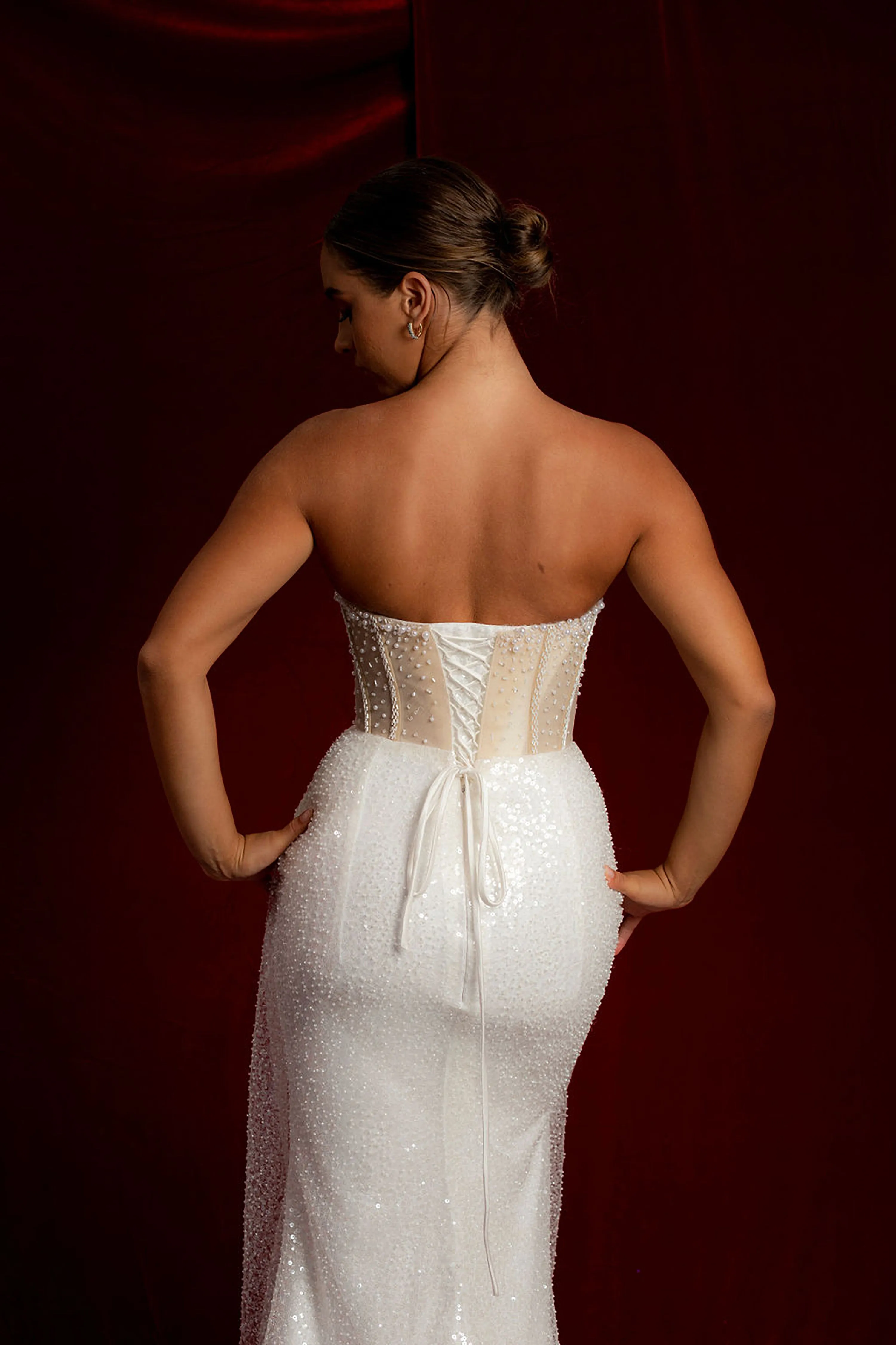 Luna Pearl white and sequin dress with beading all all over with a crescent moon neckline