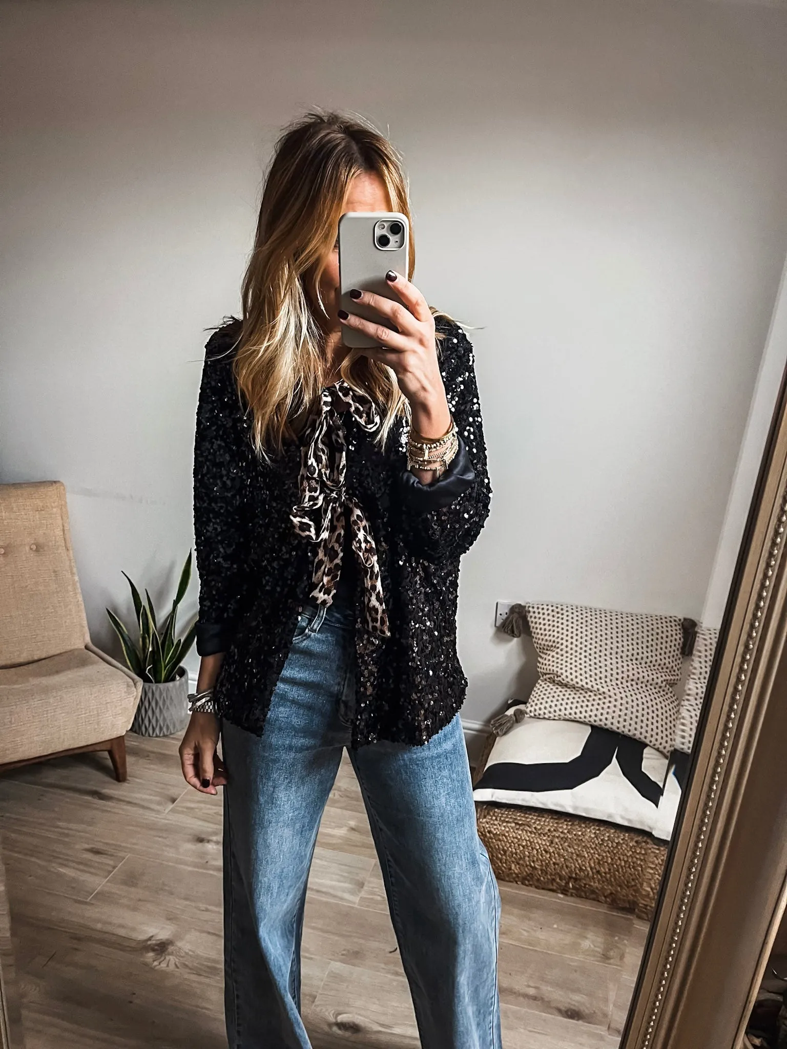 Sequin Leopard Tie Front Top