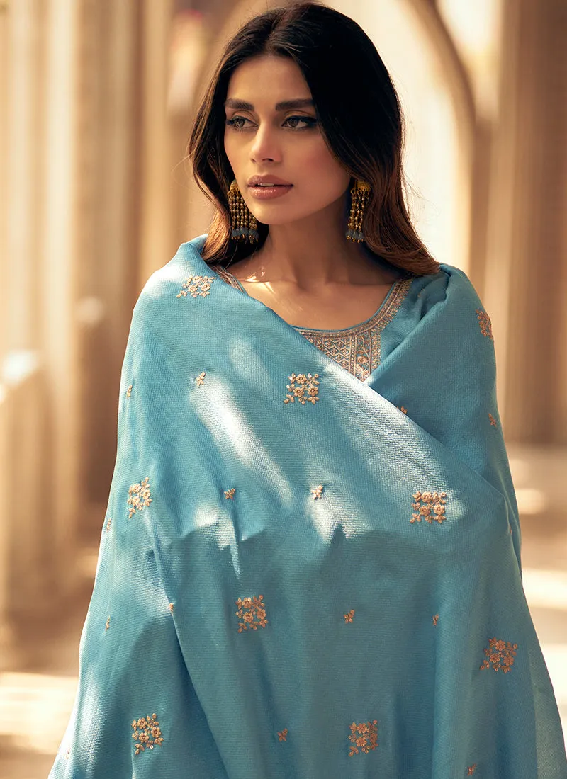 Sky Blue Sequence Embroidery Silk Palazzo Suit