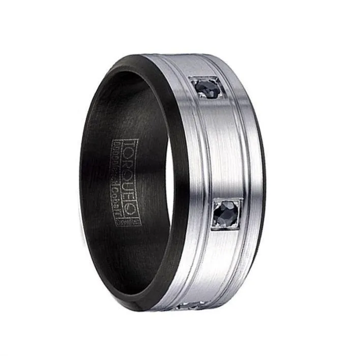 WHEATLY Torque Black & White Cobalt Wedding Band Brushed Finish Center Dual Grooved Sapphires Beveled Edges - 9 mm