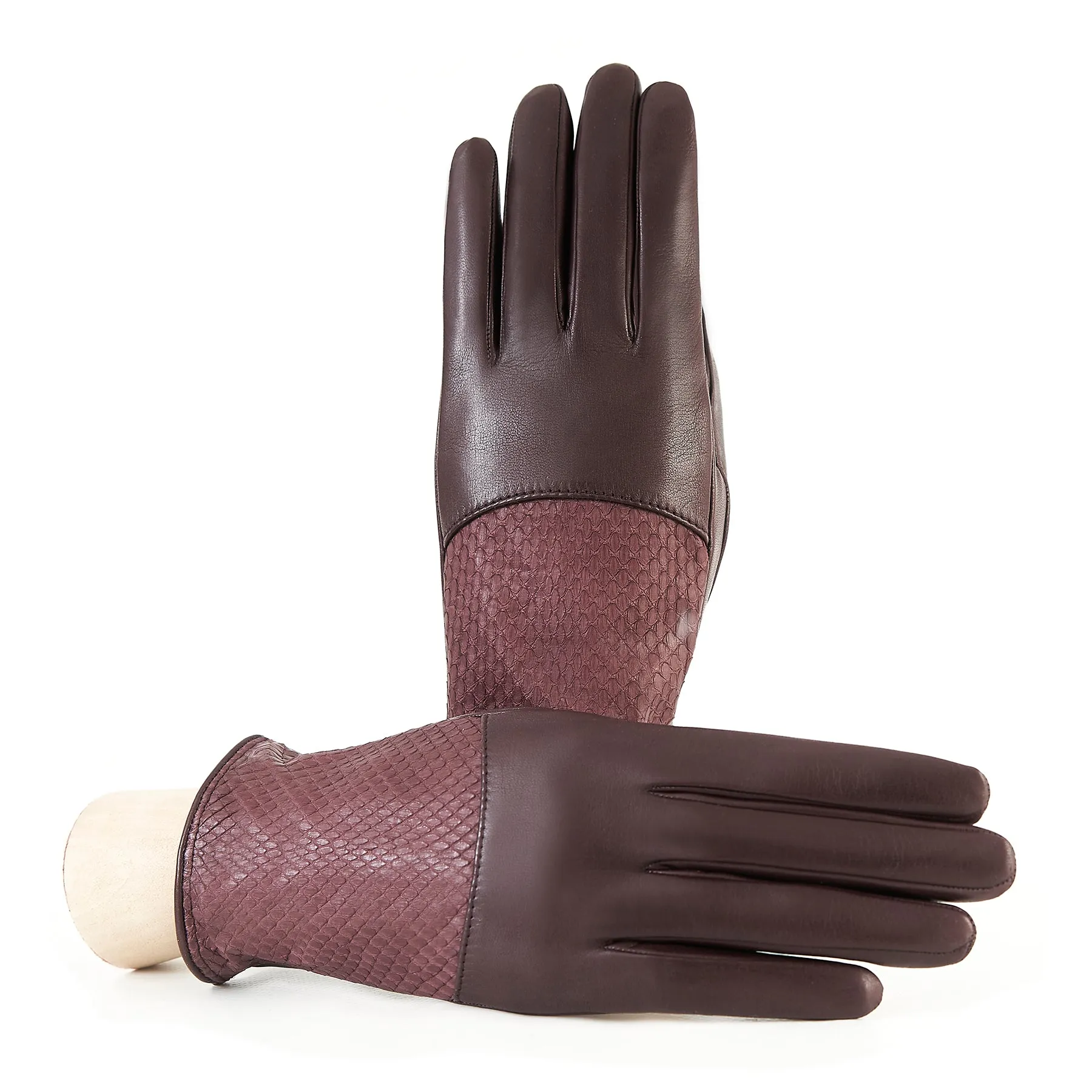 Women's bordeaux nappa leather gloves with water reptile top silk lined