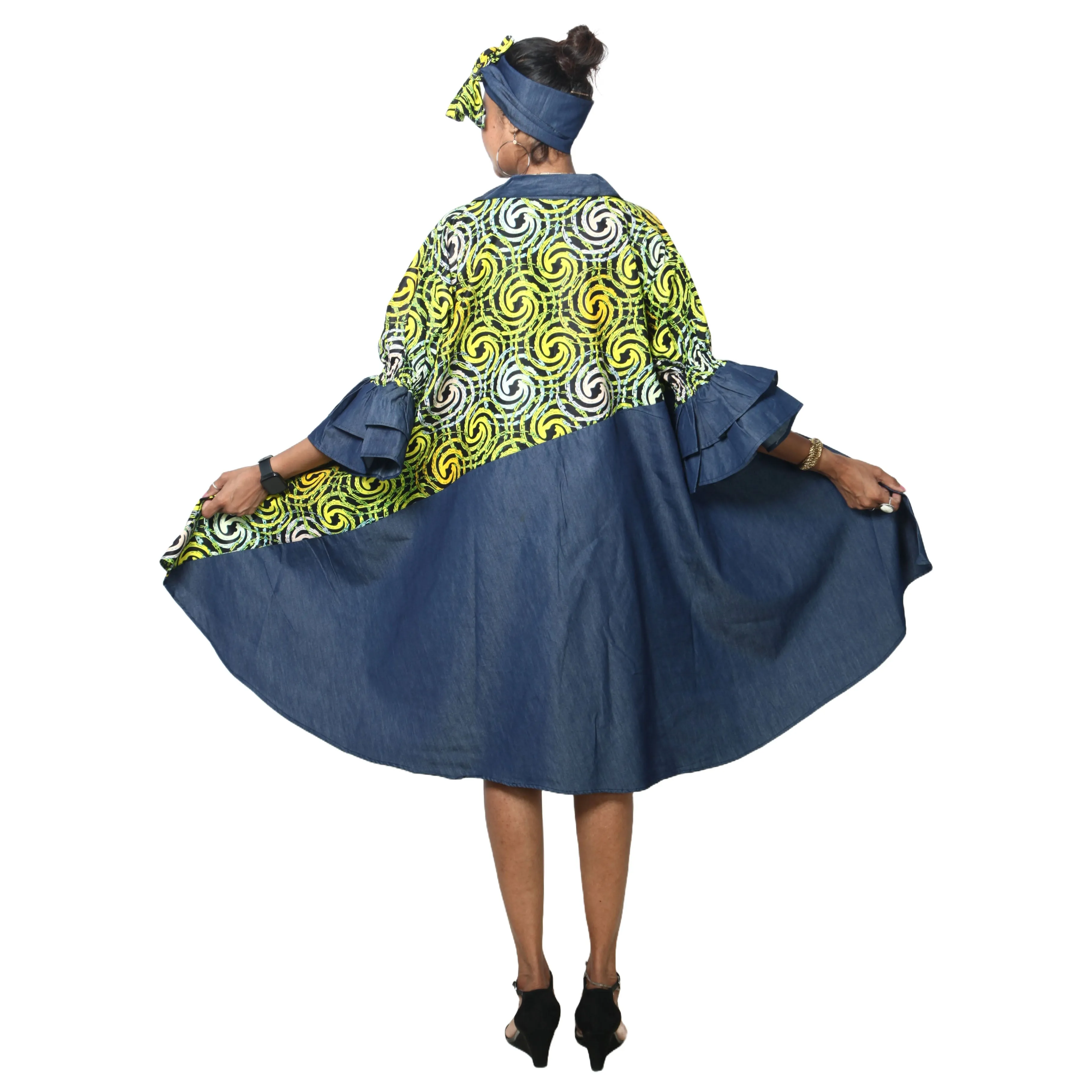 Women's Printed Denim Dress with Toggle Buttons -- FI-3139